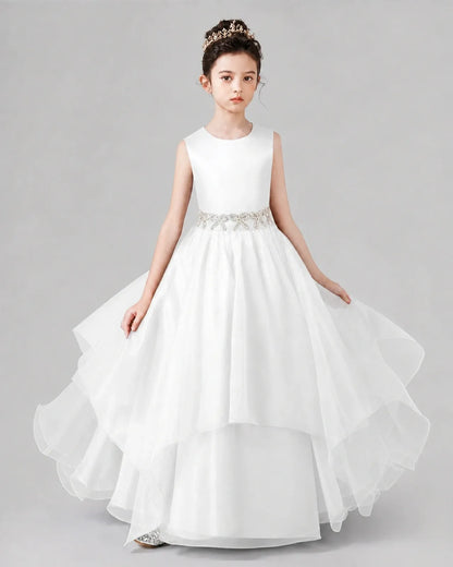 Ivory Satin and Tulle A-Line Girls Formal Dresses Front View