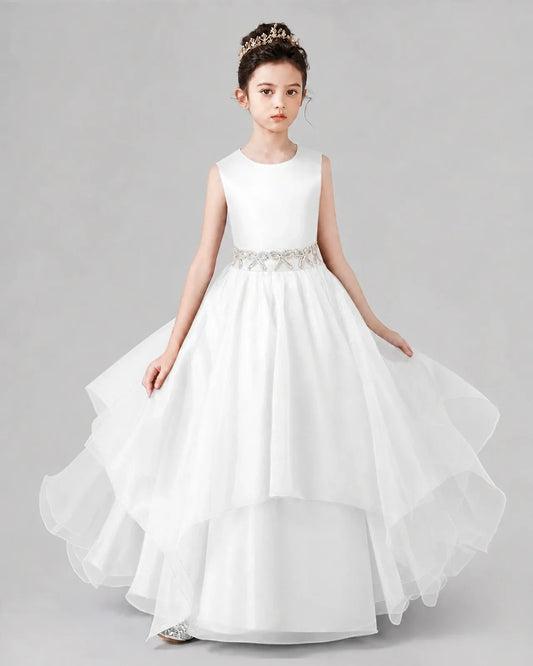 Ivory Satin and Tulle A-Line Girls Formal Dresses Front View
