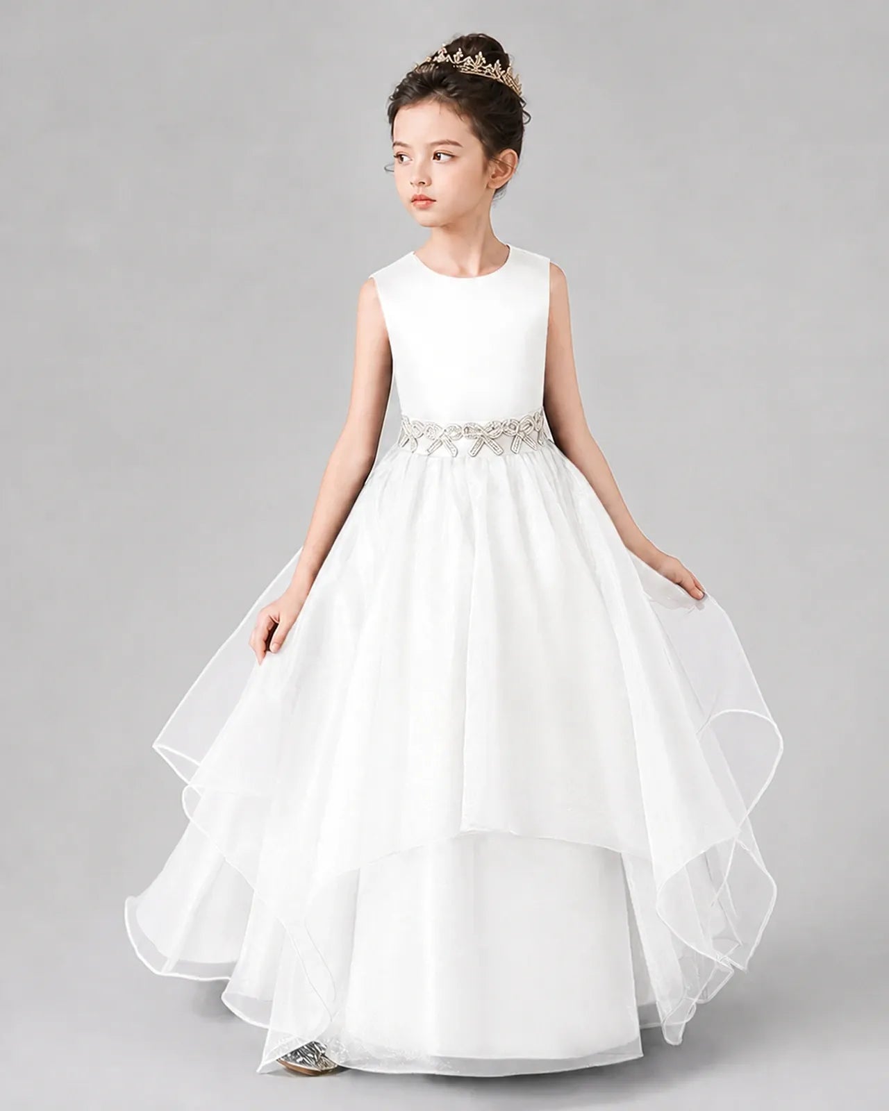 Ivory Satin and Tulle A-Line Girls Formal Dresses Side View