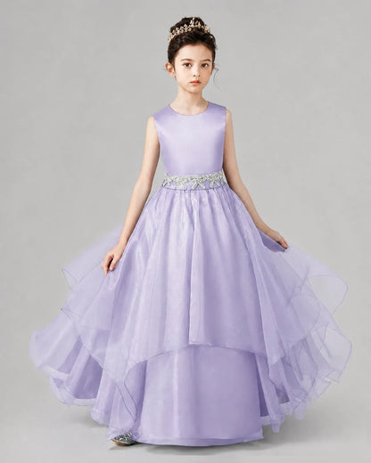 Lavender Satin and Tulle A-Line Girls Formal Dresses Front View
