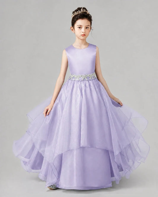 Lavender Satin and Tulle A-Line Girls Formal Dresses Front View
