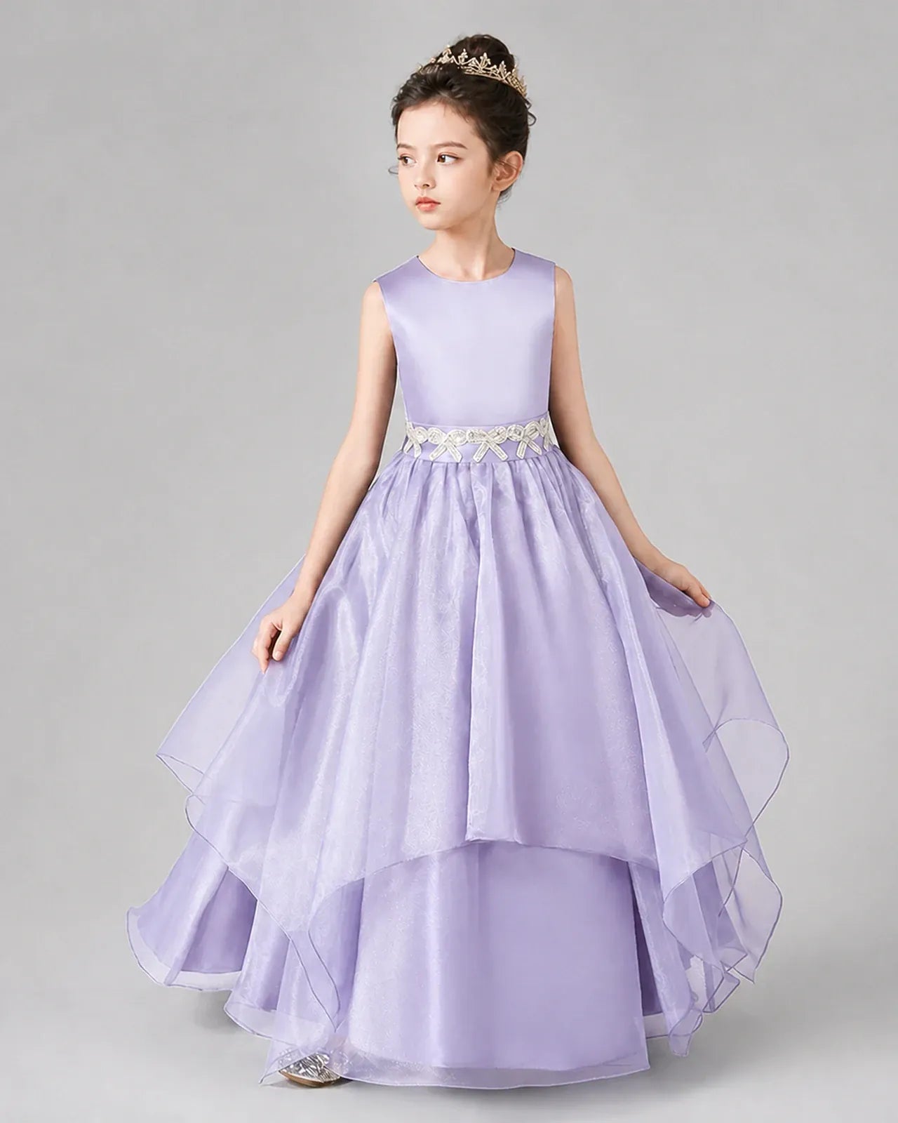 Lavender Satin and Tulle A-Line Girls Formal Dresses Side View