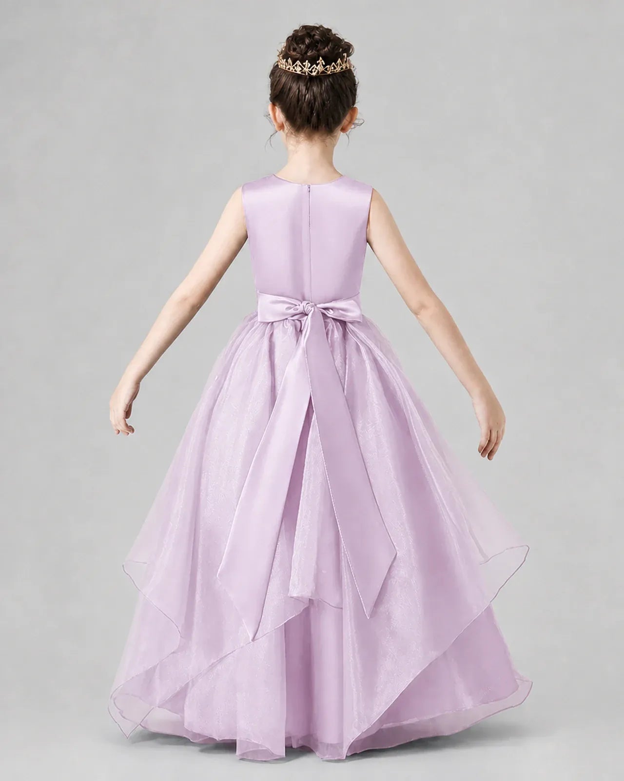 Lilac Satin Tulle A-line Girls Formal Dresses Back View