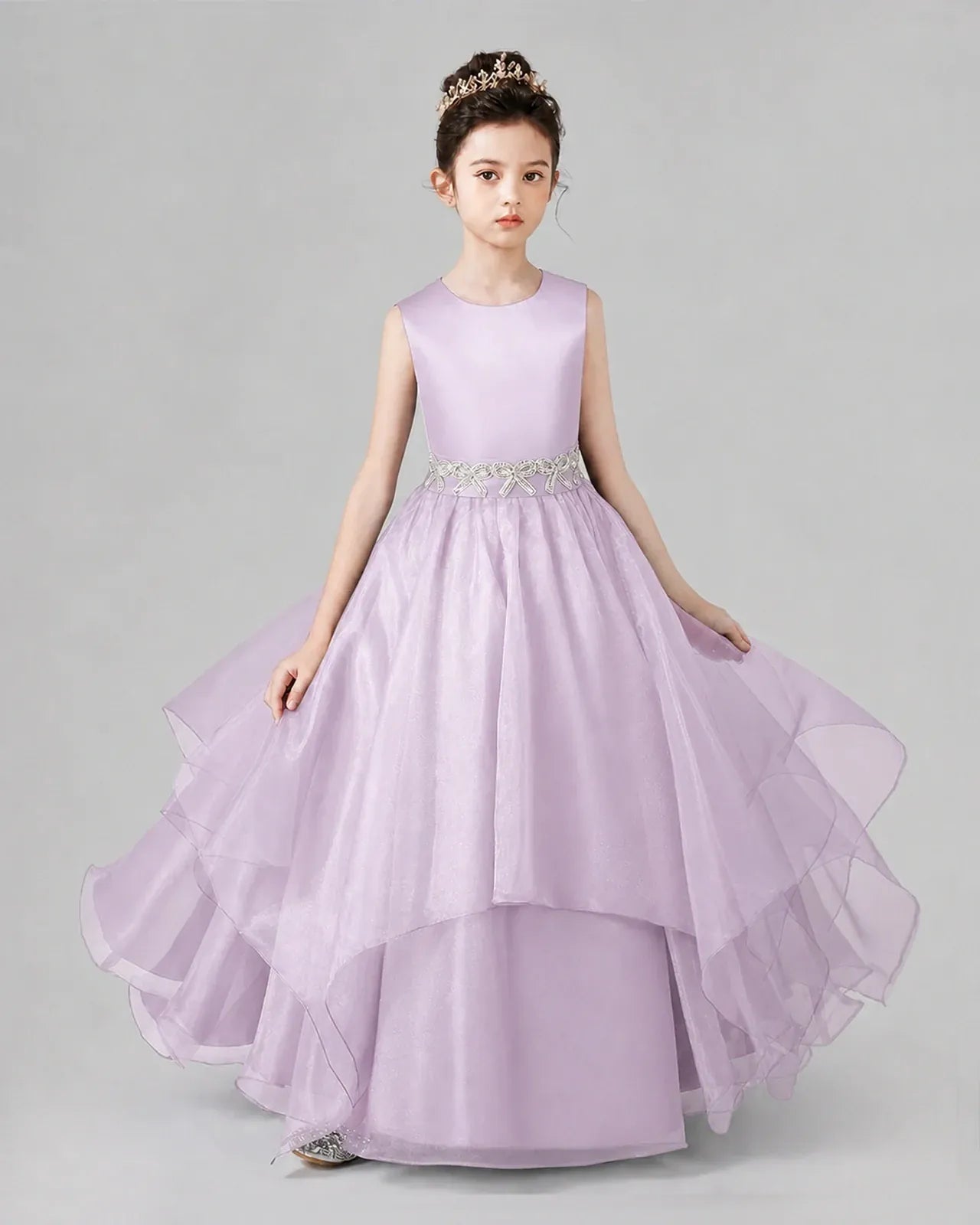 Lilac Satin Tulle A-Line Girls Formal Dresses Front View