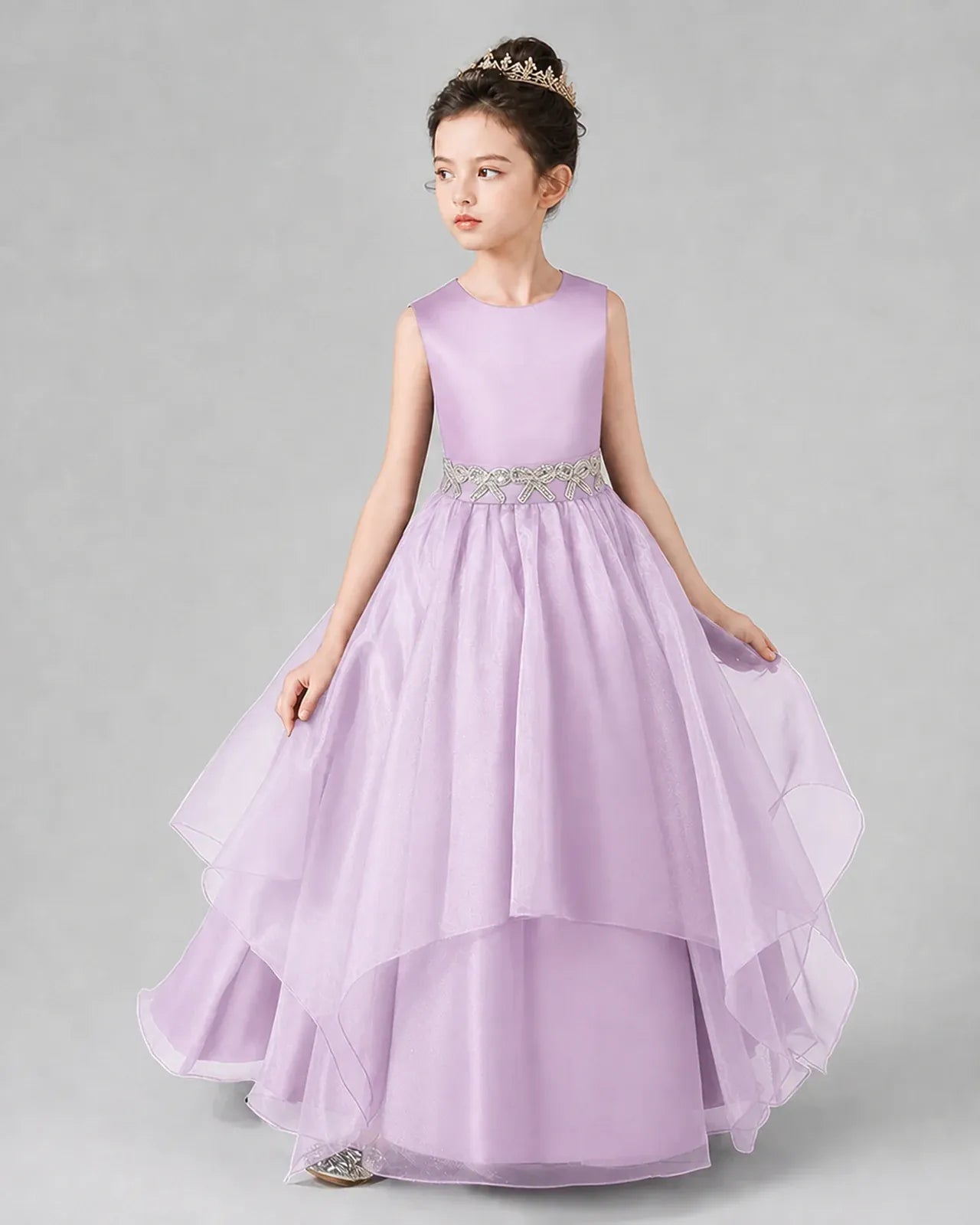 Lilac Satin and Tulle A-Line Girls Formal Dresses Side View