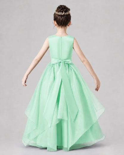 Mint Green Satin and Tulle A-Line Girls Formal Dresses Back View