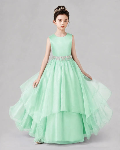 Mint Green Satin Tulle A-Line Girls Formal Dresses Front View