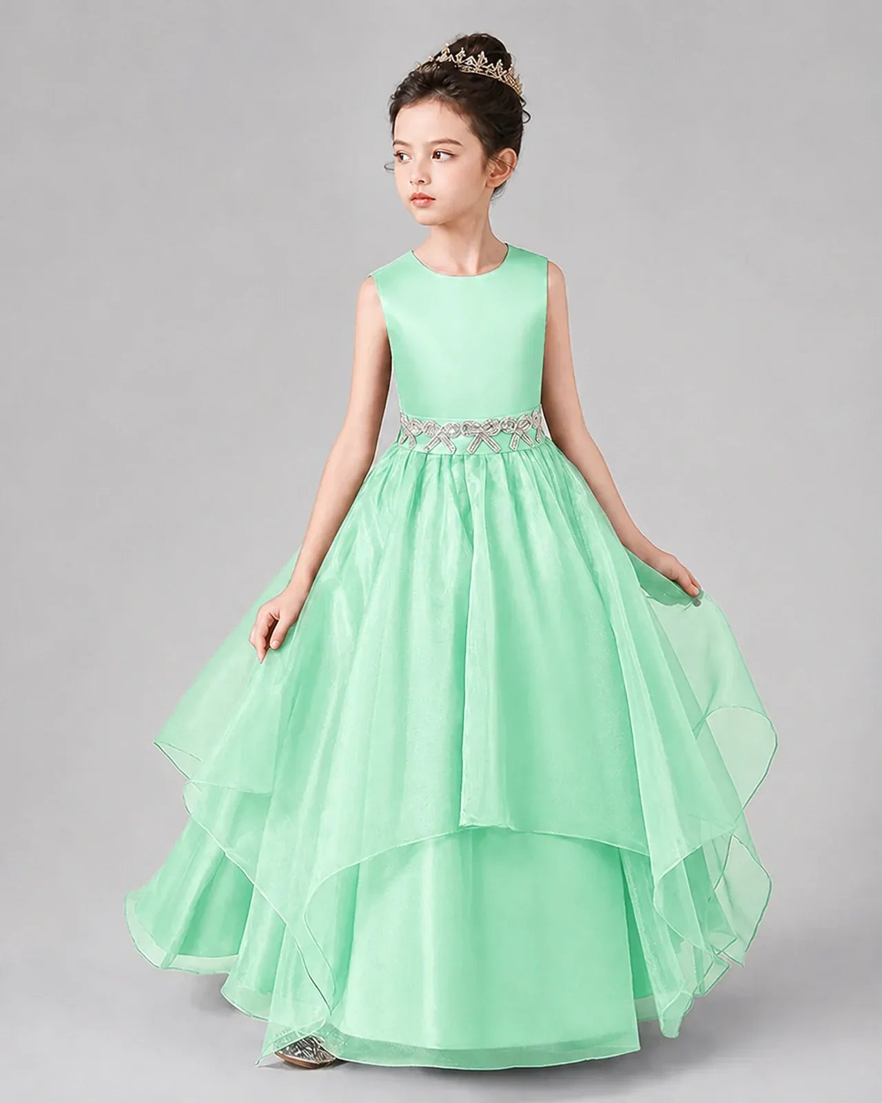 Mint Green Satin Tulle A-Line Girls Formal Dresses Side View