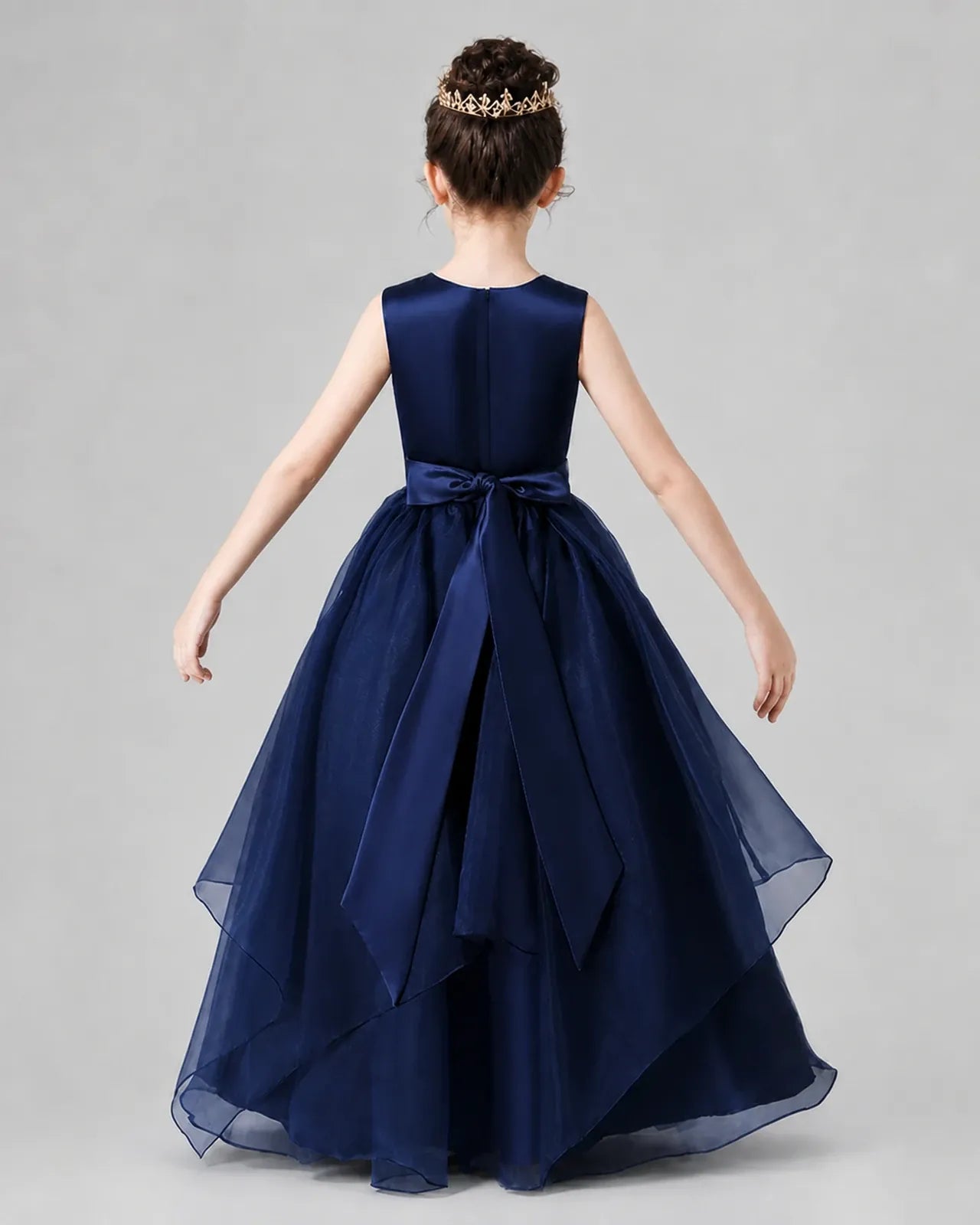 Navy Blue Satin Tulle A-Line Girls Formal Dresses Back View