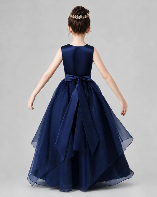 Navy Blue Satin Tulle A-Line Girls Formal Dresses Back View