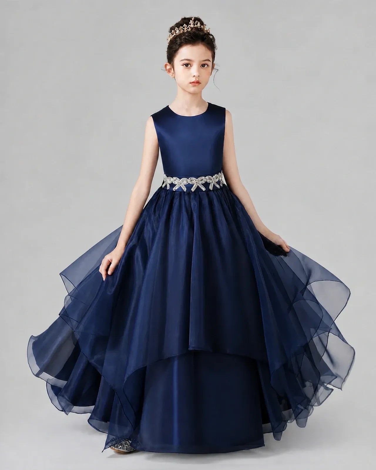 Navy Blue Satin and Tulle Tiered A-Line Girls Formal Dresses Front View