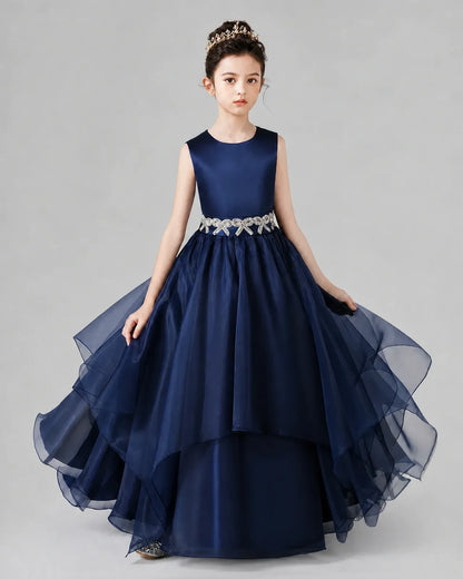 Navy Blue Satin and Tulle Tiered A-Line Girls Formal Dresses Front View