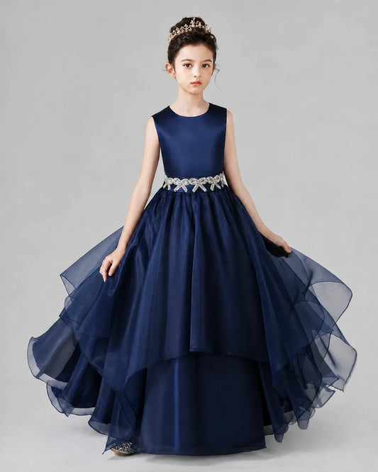 Navy Blue Satin and Tulle Tiered A-Line Girls Formal Dresses Front View