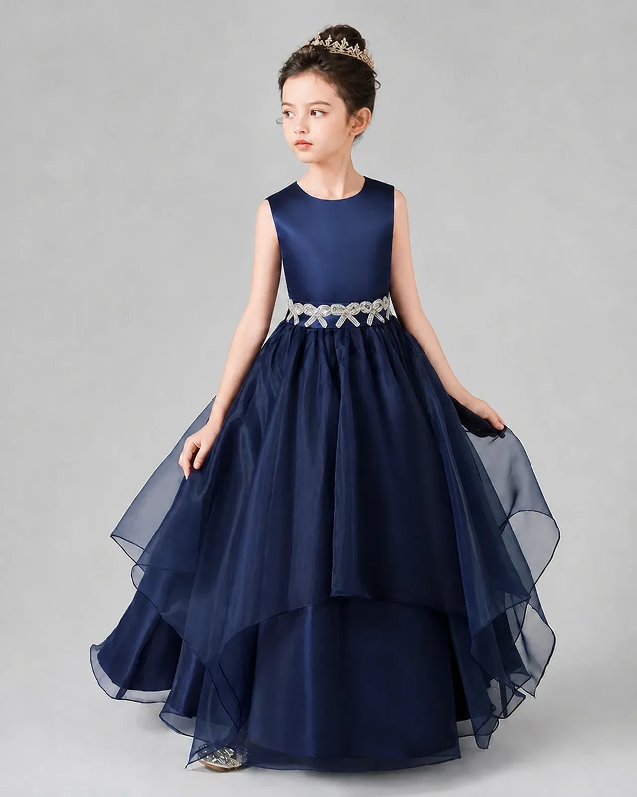 Navy Blue Satin Tulle A-Line Girls Formal Dresses Side View