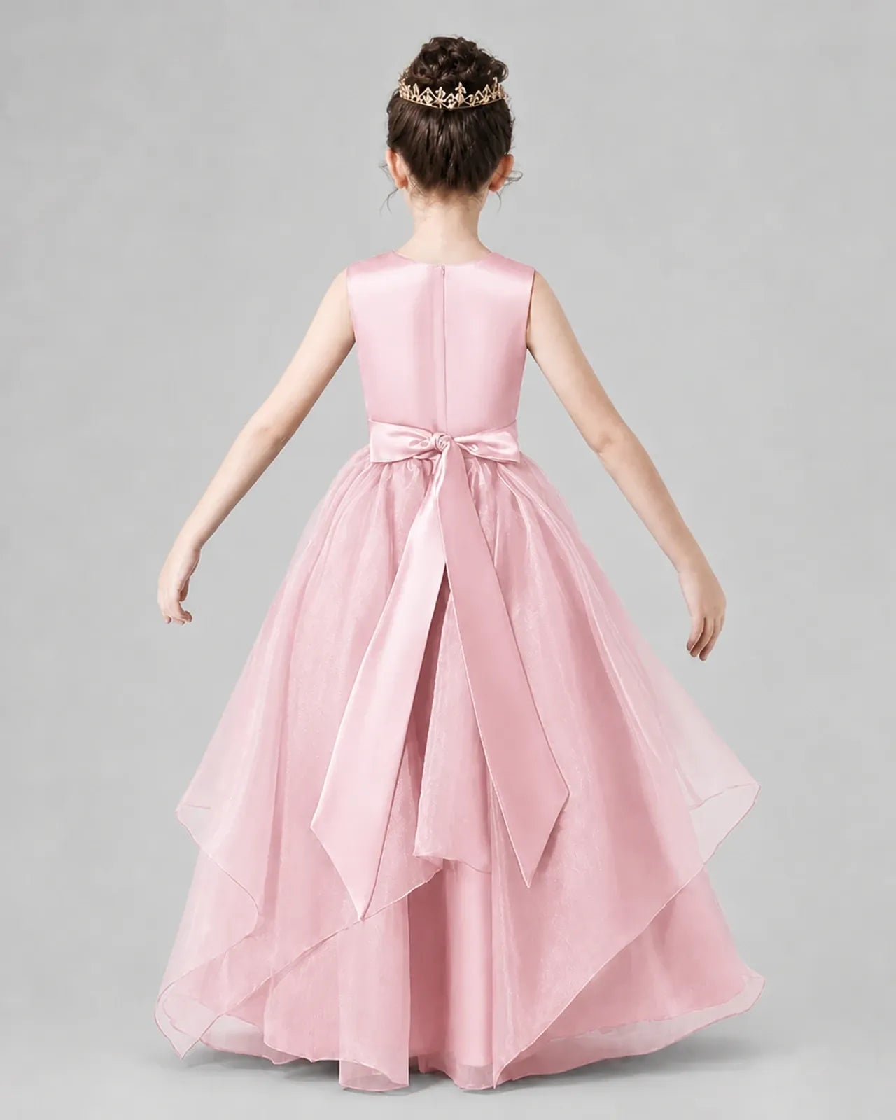 Pink Satin and Tulle A-Line Girls Formal Dresses Back View