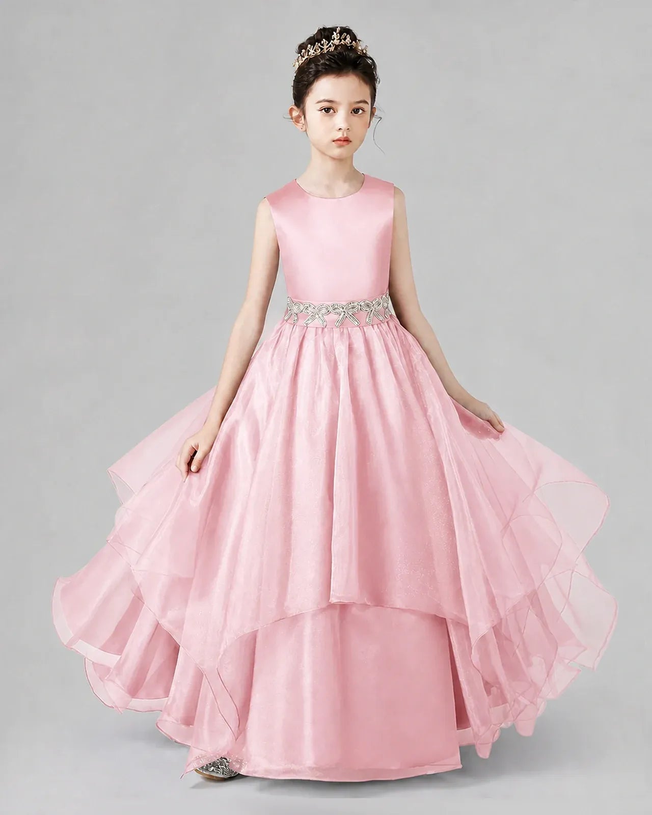 Pink Satin Tulle A-Line Girls Formal Dresses Front View