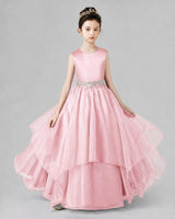 Pink Satin Tulle A-Line Girls Formal Dresses Front View