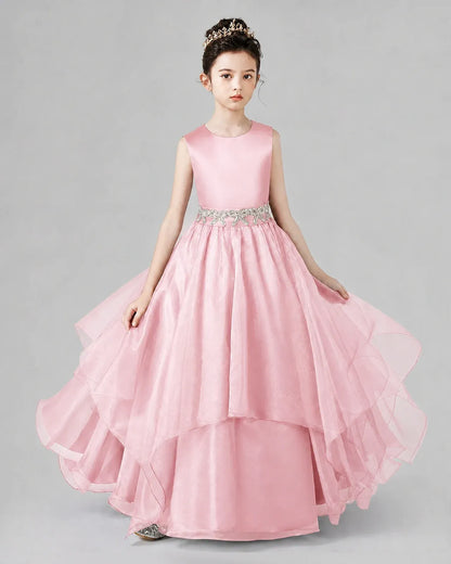 Pink Satin Tulle A-Line Girls Formal Dresses Front View