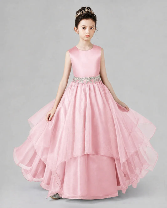 Pink Satin Tulle A-Line Girls Formal Dresses Front View