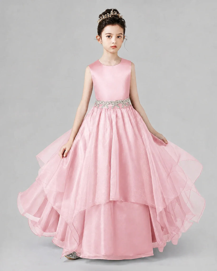 Pink Satin Tulle A-Line Girls Formal Dresses Front View