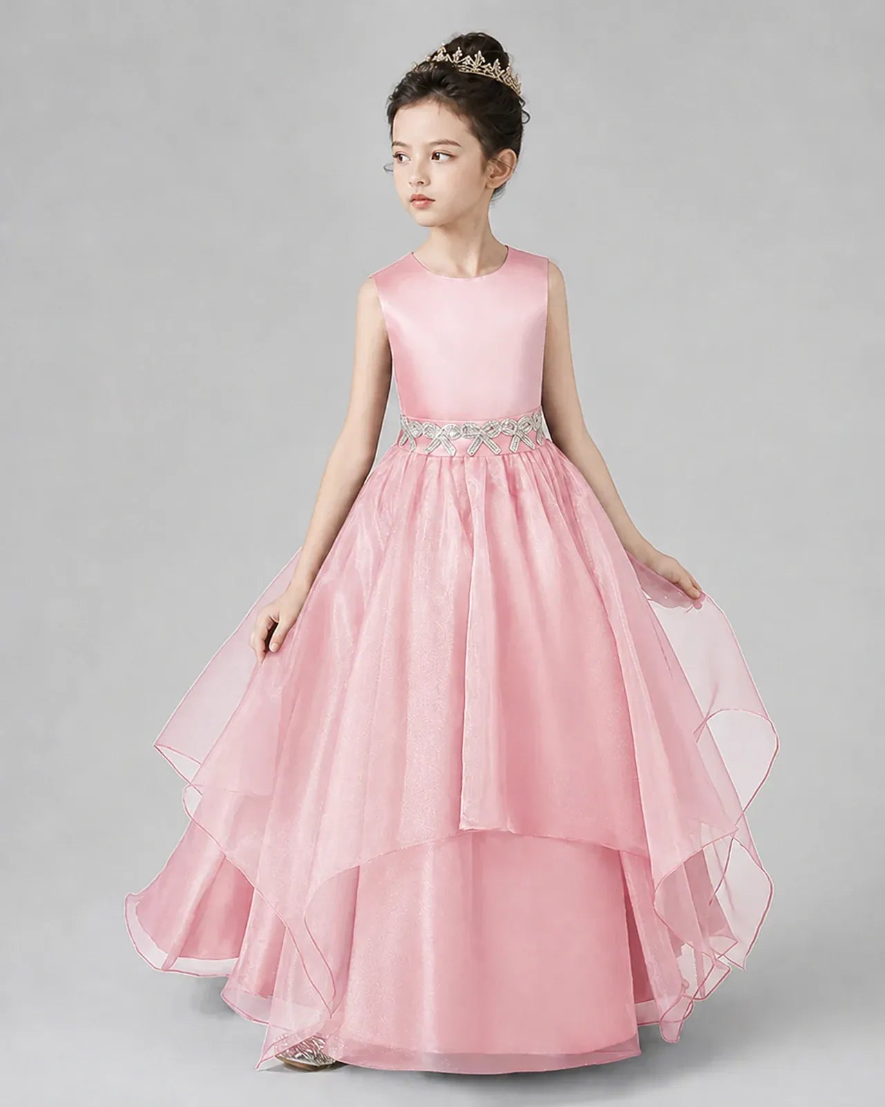 Pink Satin and Tulle A-Line Girls Formal Dresses Side View