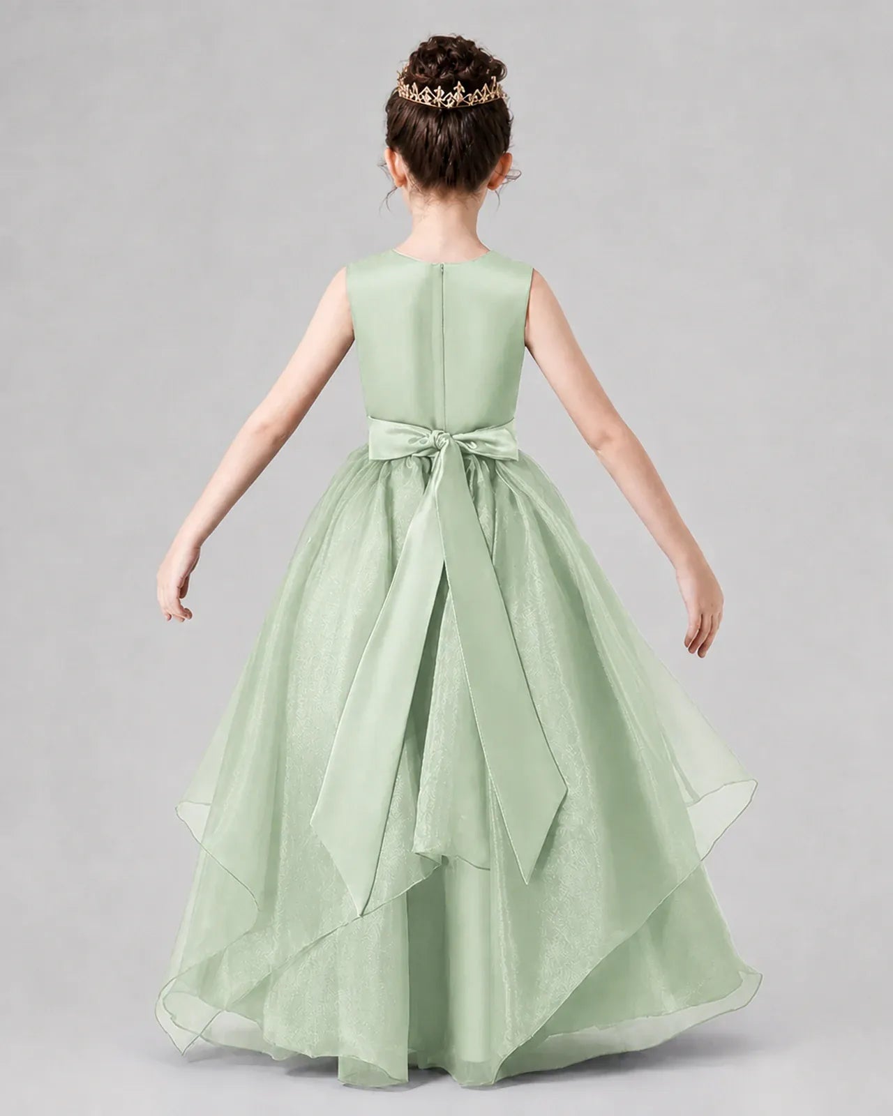 Sage Green Satin Tulle A-Line Girls Formal Dresses Back View