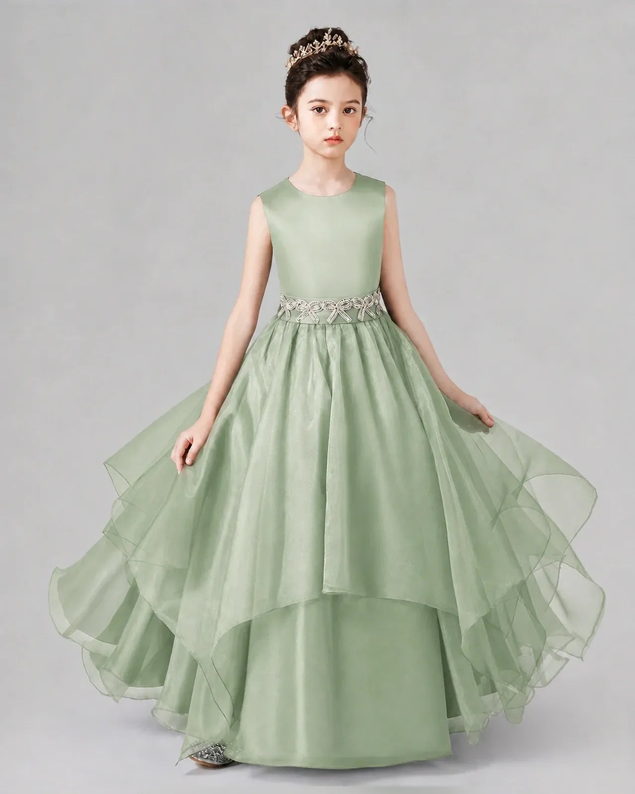 Sage Green Satin and Tulle Tiered A-Line Girls Formal Dresses Front View