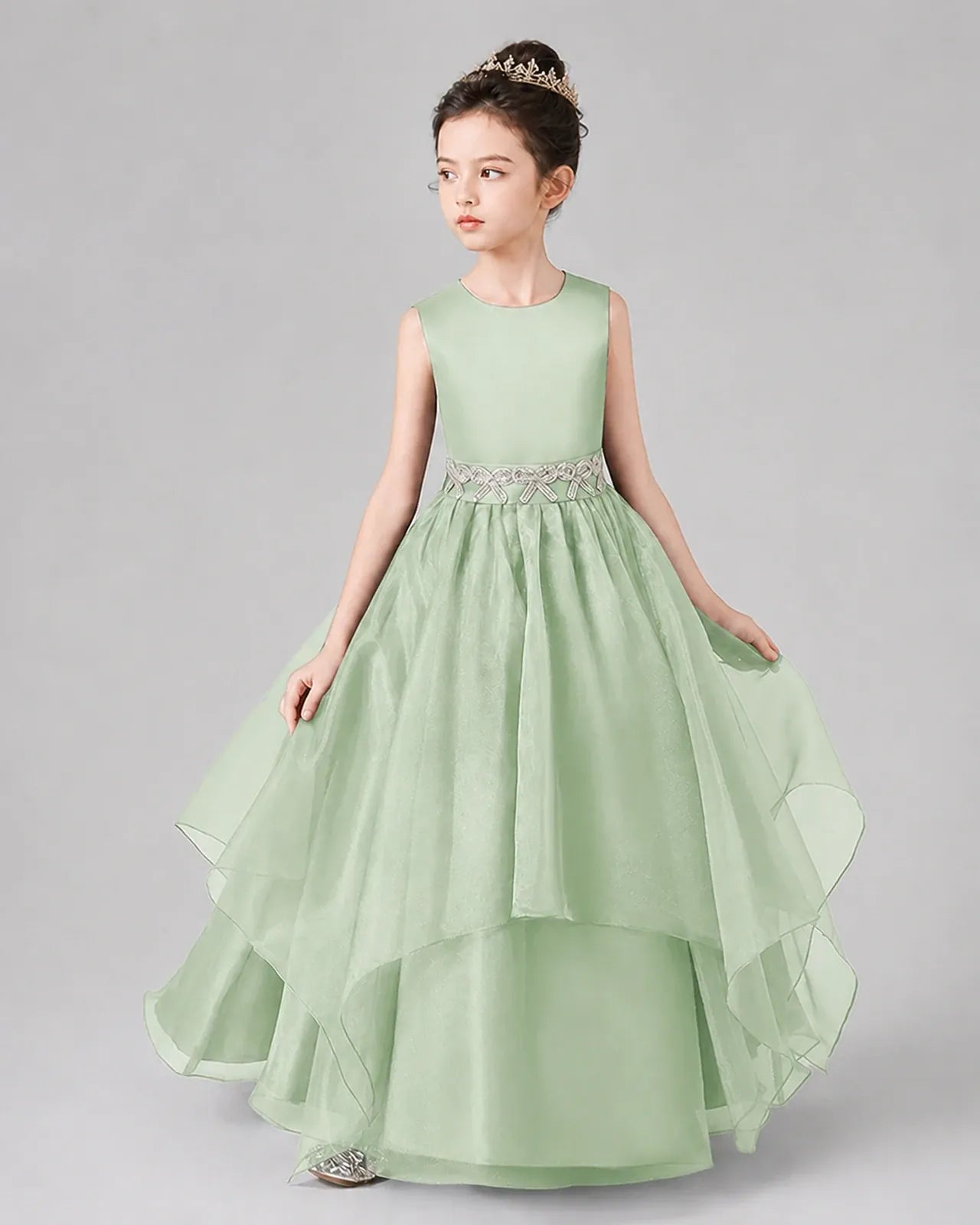 Sage Green Satin and Tulle A-Line Girls Formal Dresses Side View