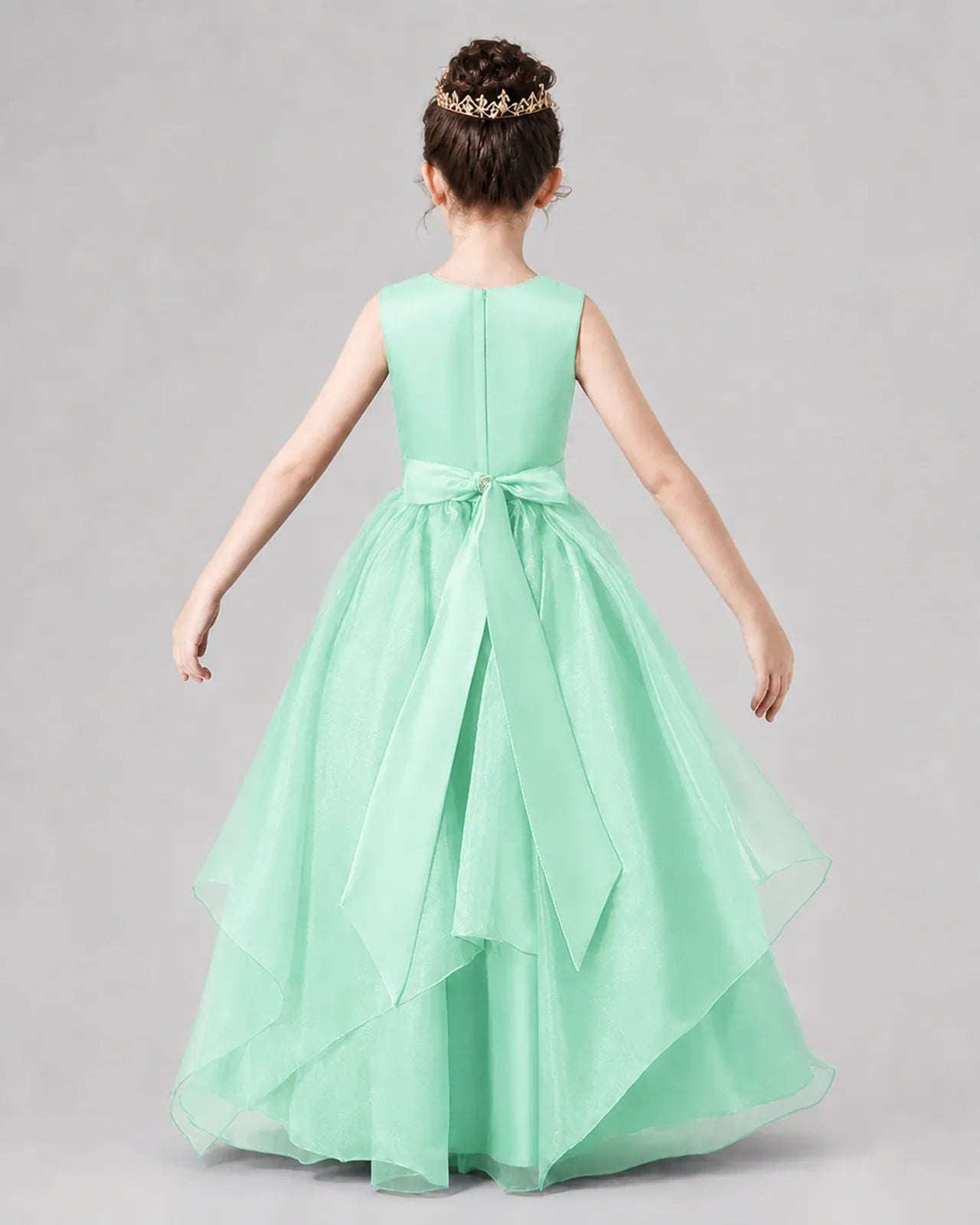 Turquoise Satin and Tulle A-line Girls Formal Dresses Back View