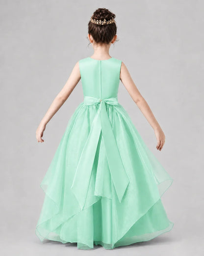 Turquoise Satin and Tulle A-line Girls Formal Dresses Back View