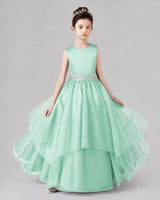 Turquoise Satin And Tulle A-Line Girls Formal Dresses Front View