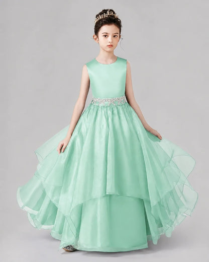 Turquoise Satin And Tulle A-Line Girls Formal Dresses Front View