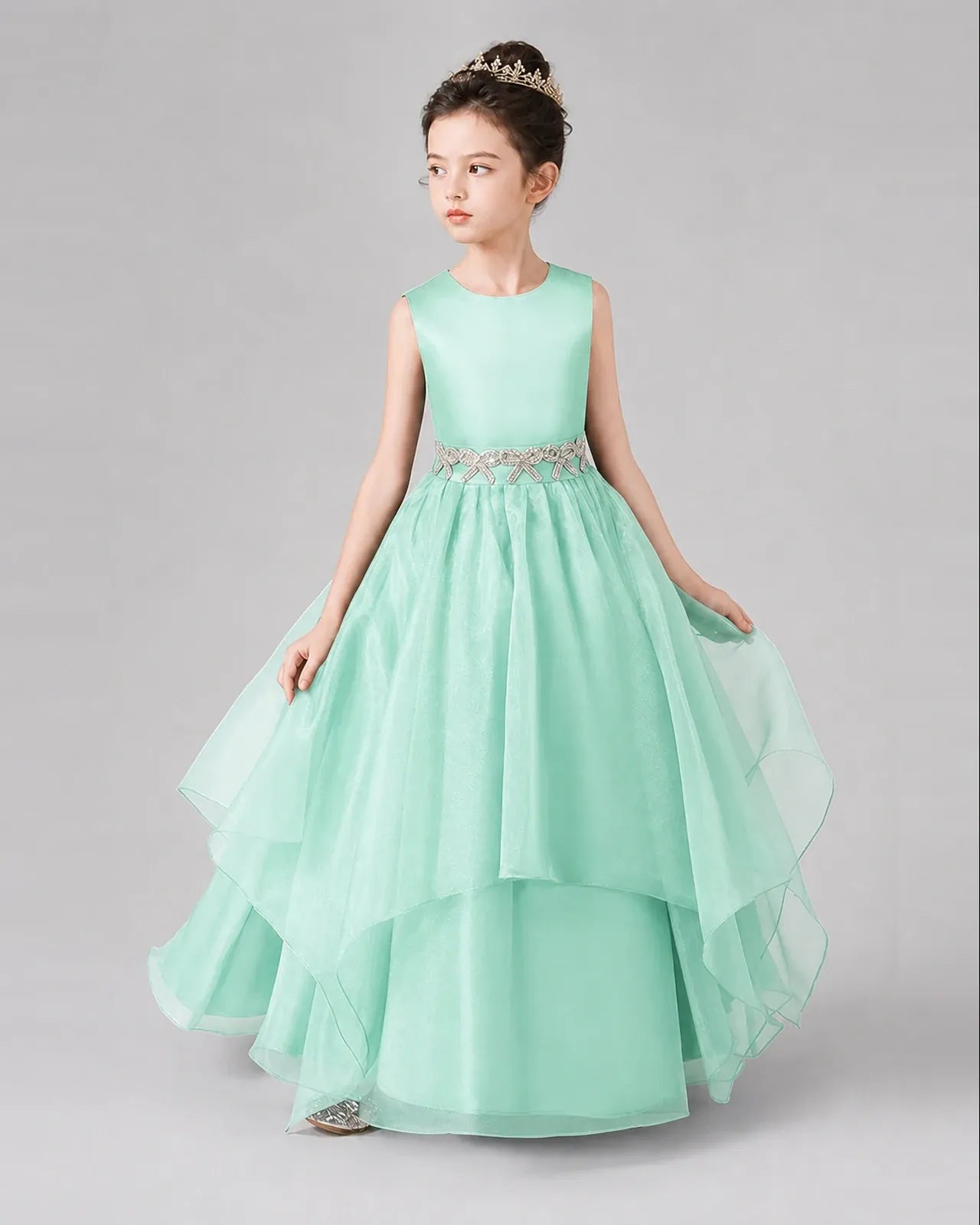 Turquoise Satin Tulle A-Line Girls Formal Dresses Side View