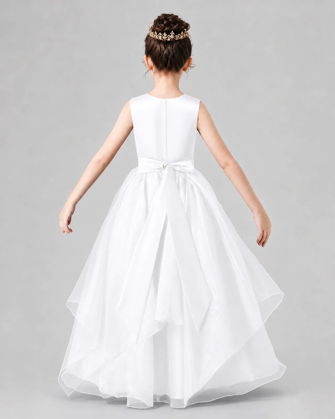 White Satin And Tulle A-Line Girls Formal Dresses Back View
