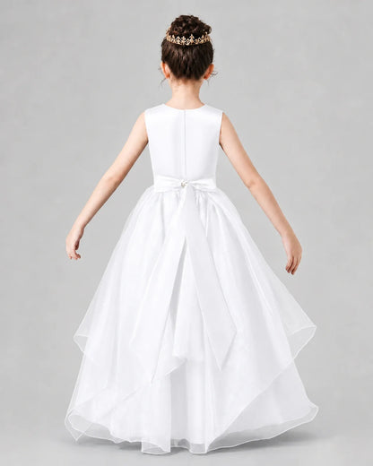 White Satin And Tulle A-Line Girls Formal Dresses Back View