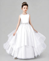 White Satin and Tulle A-Line Girls Formal Dresses Front View