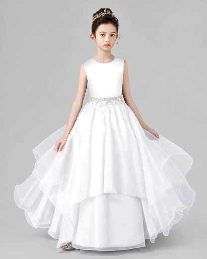 White Satin and Tulle A-Line Girls Formal Dresses Front View