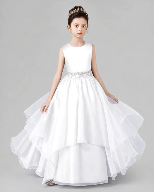 White Satin and Tulle A-Line Girls Formal Dresses Front View