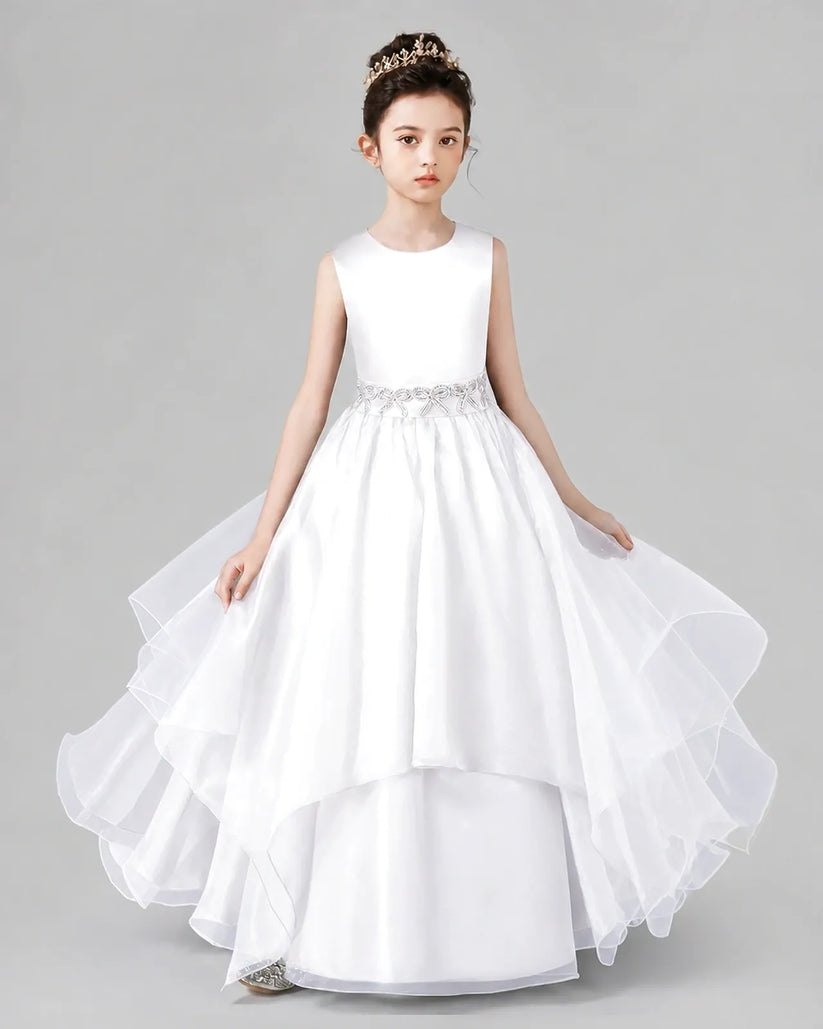 White Satin and Tulle A-Line Girls Formal Dresses Front View