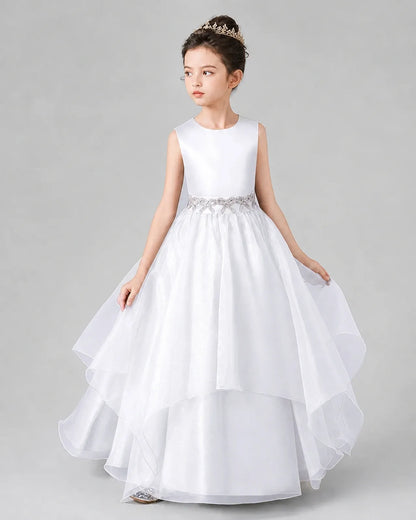 White satin and tulle A-line girls formal dresses side view