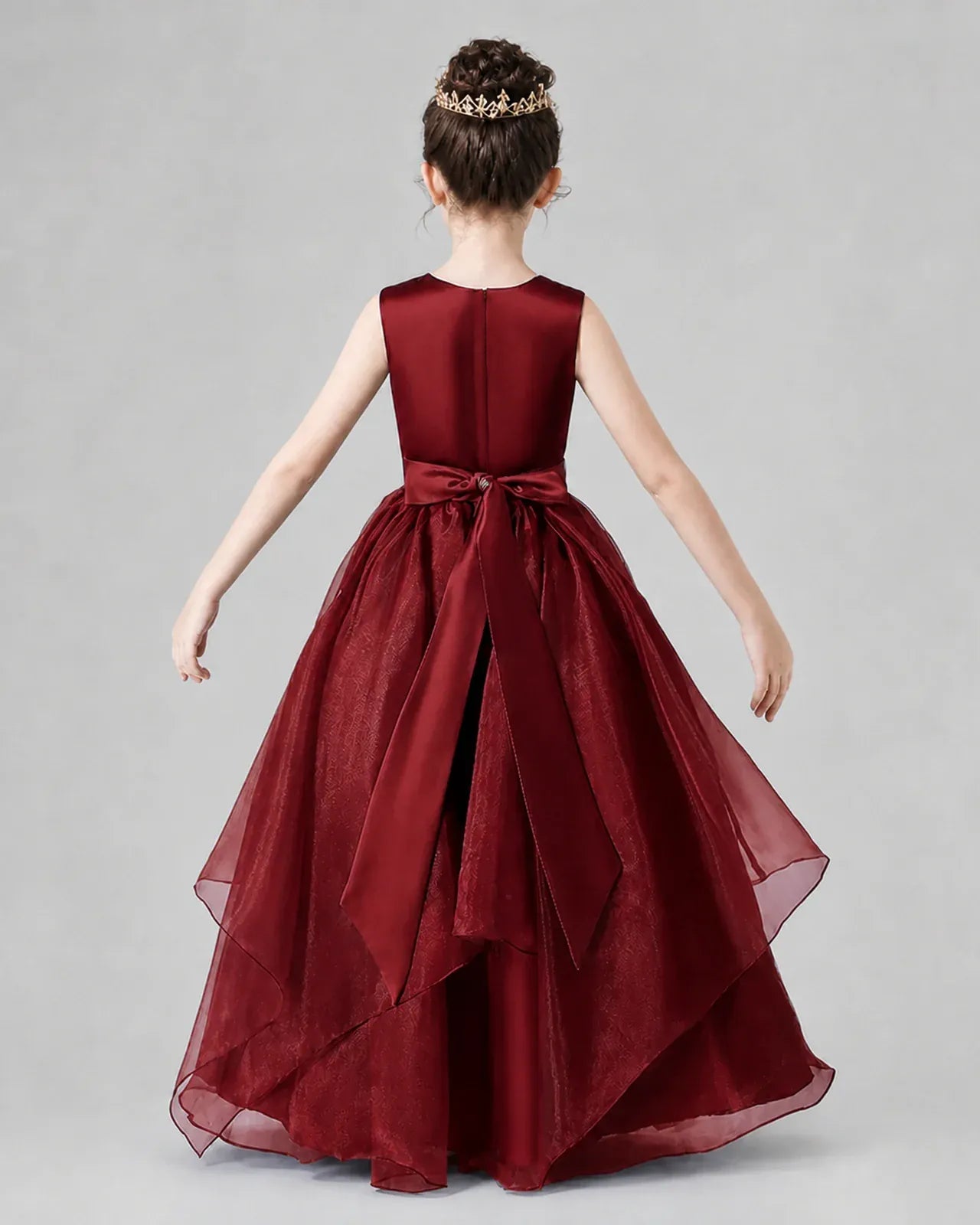 Wind Red Satin Tulle A-Line Girls Formal Dresses Back View