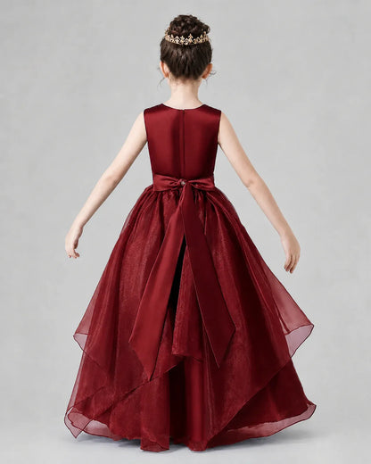 Wind Red Satin Tulle A-Line Girls Formal Dresses Back View