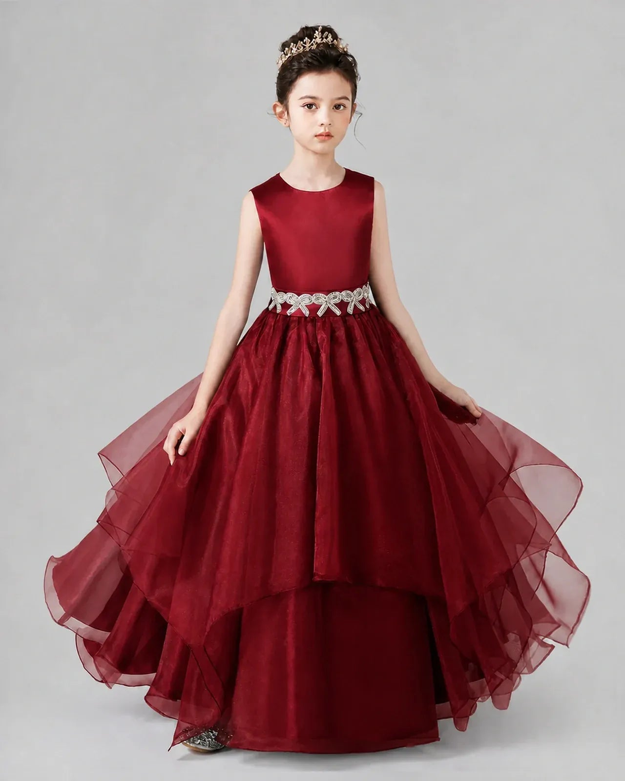 Wind Red Satin and Tulle A-Line Girls Formal Dresses Front View
