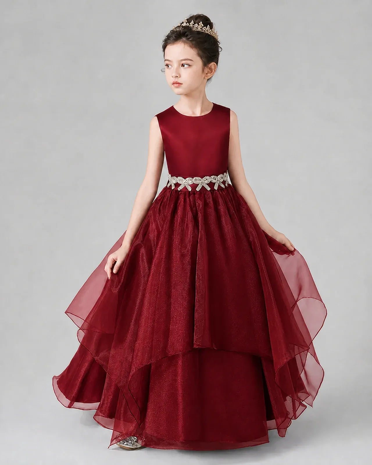 Wind Red Satin and Tulle A-Line Girls Formal Dresses Side View