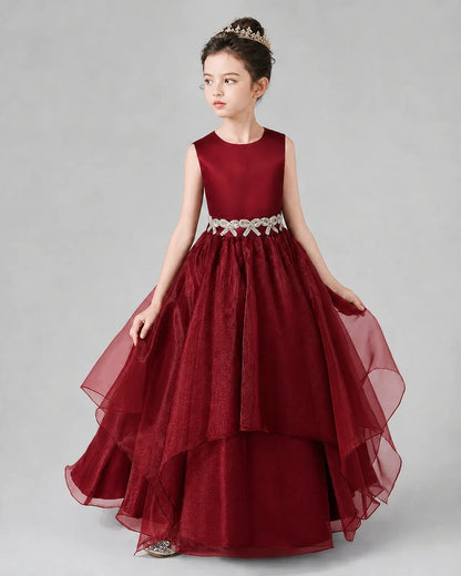 Wind Red Satin and Tulle A-Line Girls Formal Dresses Side View