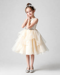 Dideyttawl Flower Girl Dress with Sleeveless Satin Bodice and Tiered Dress