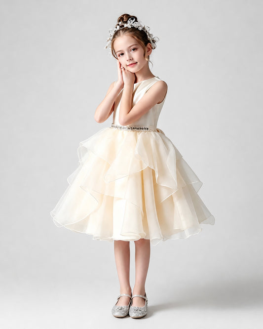 Champagne Satin Ball Gown Flower Girl Dress Front View