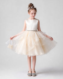 Dideyttawl Flower Girl Dress with Sleeveless Satin Bodice and Tiered Dress
