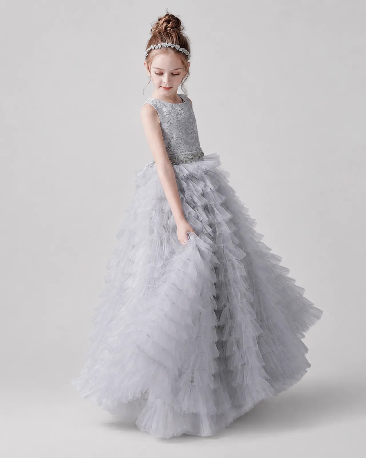 Grey Lace A-line Girls Formal Dress Front View