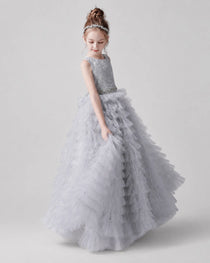Silver Side Tiered Flower Girl Dress